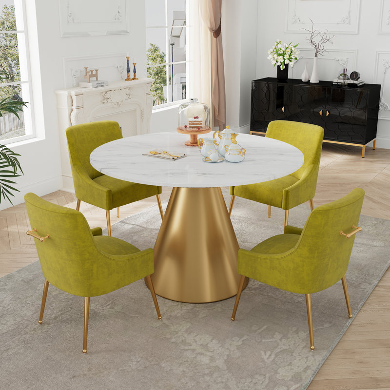 Magallanes 5 Piece Marble Top Pedestal Dining Set Willa Arlo Interiors Table Top Color White Chair Color Green